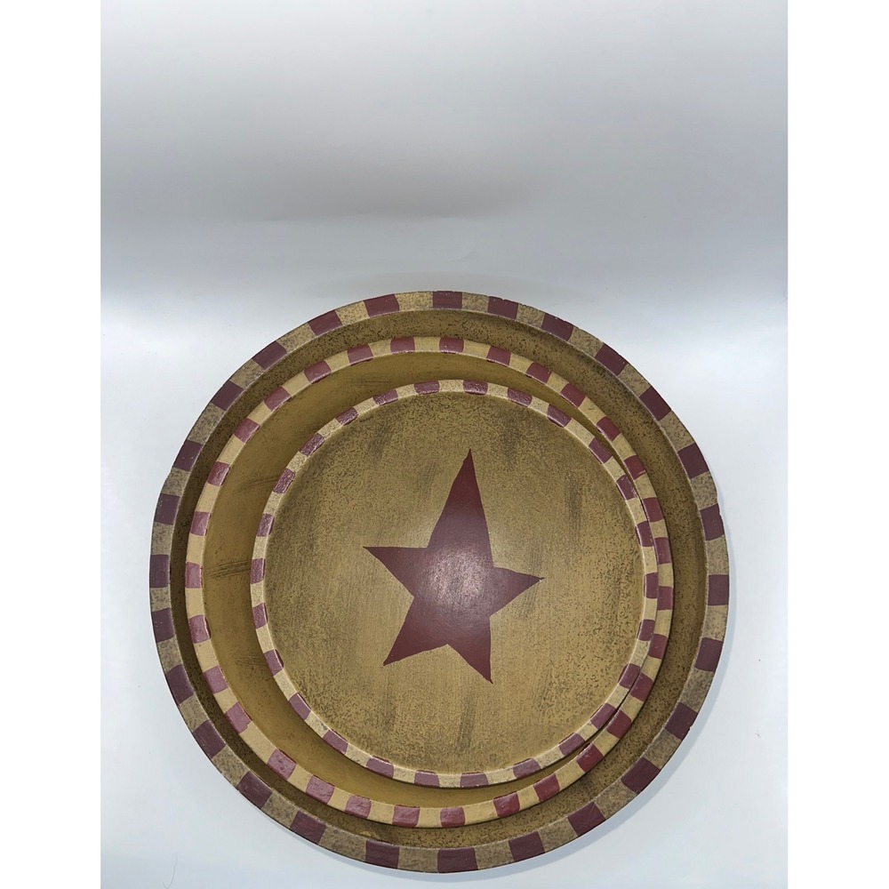 Audrey's Lebanon PA Primitive Nesting Wooden Bowls Star Barn Red Mustard 3pc Set